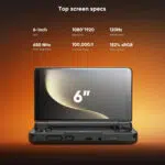 A promotional image for the AYN Thor handheld gaming console, highlighting the top screen's specifications. The background is a gradient of orange and brown. The top of the image has the title "Top screen specs" and six white text boxes detailing the features: "6-inch Size", "1080*1920 Resolution", "120Hz Refresh Rate", "650 Nits Peak Brightness", "100,000:1 Contrast Ratio", and "152% sRGB Color Gamut". Below this is a frontal view of the open AYN Thor, with its top screen angled towards the viewer, prominently displaying a large "6''" on a stylized background.