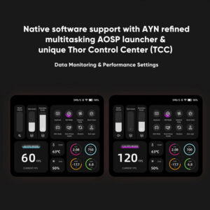 A dual-panel graphic on a dark grey background showcasing the "Thor Control Center (TCC)" software on the AYN Thor. The top of the image has the title "Native software support with AYN refined multitasking AOSP launcher & unique Thor Control Center (TCC)" and "Data Monitoring & Performance Settings". The bottom half displays two separate screenshots of the TCC interface. The left screenshot shows "60 FPS MODE" with corresponding performance stats, while the right screenshot shows "120 FPS MODE" with a different set of stats, demonstrating the adjustable performance settings.