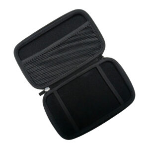 A top-down, angled shot of the black hard shell case for the GPD MicroPC 2, opened to reveal its interior. The top half of the case has a mesh pocket for accessories, while the bottom half has two elastic straps to securely hold the device. The case is empty.