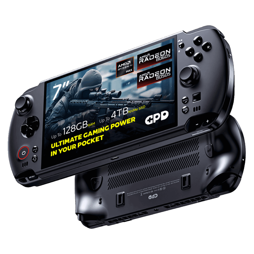 Dinamičen posnetek dveh črnih ročnih igralnih konzol GPD WIN 5 na črnem ozadju. Zgornja naprava je nagnjena pod kotom, da se pokaže njen zaslon, na katerem je prikazana prvoosebna strelska igra in ima vidne prekrivne elemente: 7-palčni zaslon, AMD Ryzen AI Max, grafika AMD Radeon 8060S, 64 GB RAM in 4 TB NVMe SSD. Spodnji del naprave je obrnjen, tako da so vidni ergonomski ročaji in prezračevalne rešetke.
