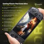 Un'infografica incentrata sulla qualità del display del GPD WIN 5, intitolata "Gaming Visuals That Come Alive. Tocca, ruota, domina". L'immagine mostra il dispositivo tenuto in due mani in posizione angolata, con lo schermo che visualizza una scena di gioco di corse ad alta velocità. Accanto allo schermo viene presentato un elenco di caratteristiche, tra cui display da gioco a 120 Hz con AMD FreeSync™ Premium, supporto multi-touch a 10 punti + rotazione di 180°, risoluzione Full HD 1920x1080, luminosità di picco di 500 nit e protezione Gorilla Glass di sesta generazione.