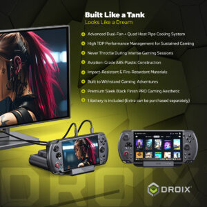 An infographic focusing on the durability and cooling of the GPD WIN 5, titled "Built Like a Tank Looks Like a Dream." The device is shown on a stand, connected to an external monitor that displays an anime-style character. The text lists features like Advanced Dual-Fan + Quad Heat Pipe Cooling System, High TDP Performance Management, Aviation-Grade ABS Plastic Construction, and confirms that 1 Battery is included (with extras available separately).