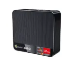  A three-quarter view of the black Beelink SER PRO mini PC, angled to show the front and right side against a white background. The side and top surfaces have a fine, perforated mesh pattern. The front panel displays the "Beelink | AMD" logo and a sticker for "AMD Ryzen" and "AMD Radeon Graphics" with "5000 Series" and "5 Graphics".