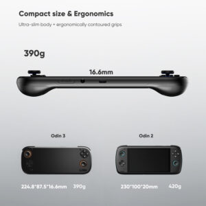 A technical diagram comparing the size and ergonomics of the AYN Odin 3 and Odin 2 handheld gaming consoles. A side view of the black Odin 3 is shown at the top, with its thickness labeled as "16.6mm". Below, a front view of the Odin 3 is placed next to a front view of the Odin 2. Both consoles are labeled with their dimensions and weights, showing the Odin 3 is smaller and lighter at "390g" compared to the Odin 2 at "420g".