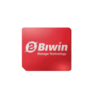 Logo společnosti Biwin Storage Technology se stylizovaným bílým písmenem "B" a bílým textem "Biwin Storage Technology" na lesklé červené čtvercové kartě na tmavě zeleném pozadí.