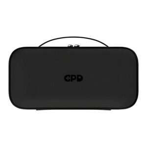 A front-on view of the closed, black hard-shell carrying case for the GPD WIN 5, featuring a centered handle and a black GPD logo. The case is isolated against a white background.