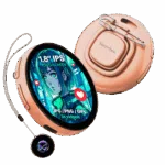 A orange electronic badge with a round screen showing a blue, green, and red anime-style girl is shown. The screen displays text that reads "1.8” IPS TOUCHSCREEN" and "JPG / PNG / GIFS 3S videos" with small red heart icons to its side. A metal clip is attached to the back of the device. The device is hanging on a gray string attached to another smaller round device that is black with a glowing blue, purple, and green pattern in the center. The overall shape and color of the devices are reminiscent of round watches.