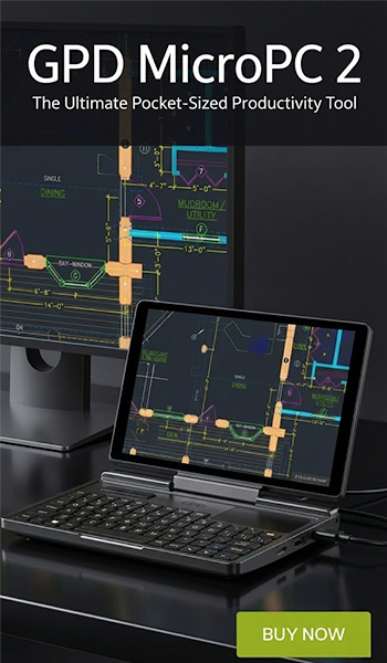 Uma imagem promocional do GPD POCKET 2, descrito como "A derradeira ferramenta de produtividade de bolso". O dispositivo é mostrado aberto em modo portátil, apresentando uma planta CAD ou arquitetónica no seu ecrã. O MicroPC 2 está ligado e espelhado num monitor de secretária externo de maiores dimensões, em segundo plano, que também apresenta a planta baixa. A imagem tem um fundo escuro e um botão "COMPRAR AGORA" bem visível no canto inferior direito.