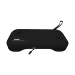 A front-facing view of a black hardshell travel case featuring a white AYN logo on the left, two molded circular bumps to protect thumbsticks, a zippered closure with a branded pull tab, and an attached black wrist strap.