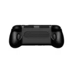 The back view of a black, form-fitting ergonomic grip for a handheld device. The design includes large textured handles for better grip, two sets of top cooling vents, a central mesh-patterned ventilation area, and precise cutouts for back buttons and triggers.