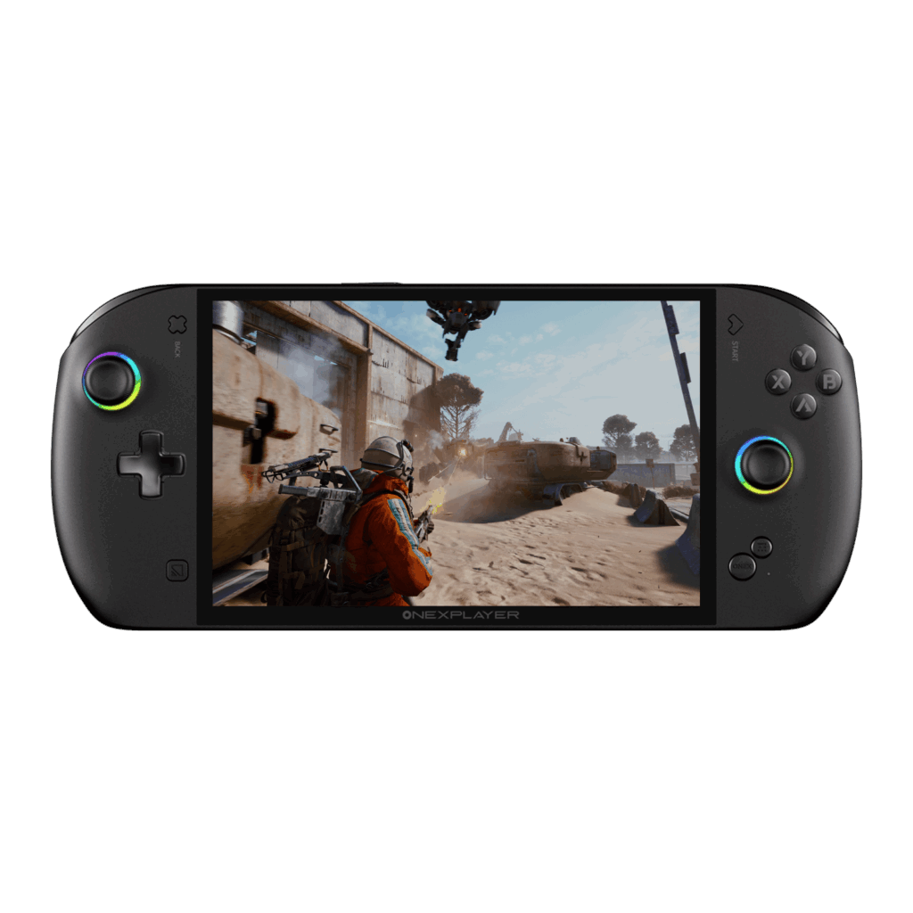 Uma elegante consola de jogos portátil preta, a ONEXPLAYER, é mostrada a partir de uma vista frontal direta sobre um fundo branco sólido. Principais pormenores visuais: Ecrã: Um ecrã grande e vibrante preenche o centro, mostrando um jogo de vídeo de tiro na terceira pessoa num ambiente desértico industrial e poeirento. Uma personagem com um fato cor de laranja é visível em primeiro plano. Controlos: * Lado esquerdo: Inclui um joystick circular com um anel LED RGB multicolorido e um D-pad clássico em forma de cruz. Lado direito: Inclui quatro botões de ação (X, Y, A, B), um segundo joystick com um anel RGB a condizer e um botão dedicado "ONEX" perto do fundo. Design: O dispositivo tem uma forma arredondada e ergonómica de "pílula" com um acabamento em preto mate. A marca "ONEXPLAYER" está subtilmente impressa, centrada logo abaixo do ecrã.