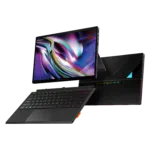 Cet hybride portable/tablette de jeu noir élégant est doté d'un clavier rétroéclairé RGB amovible et d'un grand écran vibrant affichant un tourbillon abstrait coloré. L'appareil est posé sur un support, avec des ports latéraux visibles et un design moderne et angulaire.