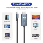 Infografika produktu s názvom "Type-C to HDTV". V strede je zobrazený sivý kábel adaptéra Type-C na HDMI s nápisom "4K UHD". Dva stĺpce znázorňujú kompatibilitu: v ľavom stĺpci sú zobrazené ikony pre mobilné telefóny, tablety a notebooky; v pravom stĺpci sú zobrazené ikony pre HDTV, monitory a projektory. V texte sa uvádza, že zariadenie je "Kompatibilné s viacerými zariadeniami, plug and play, jednoduché a pohodlné".