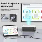 Propagačný obrázok s názvom "Ideálny pomocník projektora" zobrazujúci pracovný priestor s notebookom pripojeným k bielemu projektoru pomocou dlhého čierneho kábla. Projektor zobrazuje slajd "INFOGRAPHIC" na veľkej nástennej obrazovke. Dva vložené obrázky zblízka ukazujú konektor typu C zapojený do notebooku a konektor HDMI zapojený do zadného portu projektora.