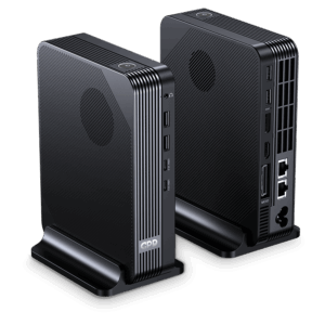 A three-quarter product shot of two identical, black, compact GPD-branded eGPU or docking stations standing in their own bases against a dark background. The unit on the left shows the textured front and a side edge featuring two USB ports and the "GPD" logo. The unit on the right shows the textured back panel, which is densely packed with connectivity ports including Oculink, a power socket, an HDMI port, multiple USB ports, two Ethernet ports, and an audio jack, highlighting its comprehensive input and output capabilities.