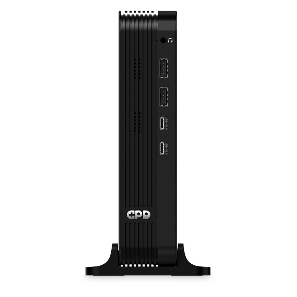 Side view of a black vertical docking device featuring two USB 2.0 ports on the front panel and finned heat sink sections