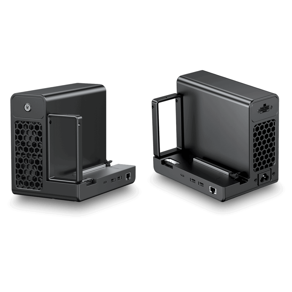 Boîtier de carte graphique externe GPD G2 eGPU, présenté en deux perspectives sur fond noir, avec ports visibles, bloc d'alimentation et emplacement PCIe interne pour l'installation d'un GPU personnalisé.