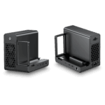 Boîtier de carte graphique externe GPD G2 eGPU, présenté en deux perspectives sur fond noir, avec ports visibles, bloc d'alimentation et emplacement PCIe interne pour l'installation d'un GPU personnalisé.