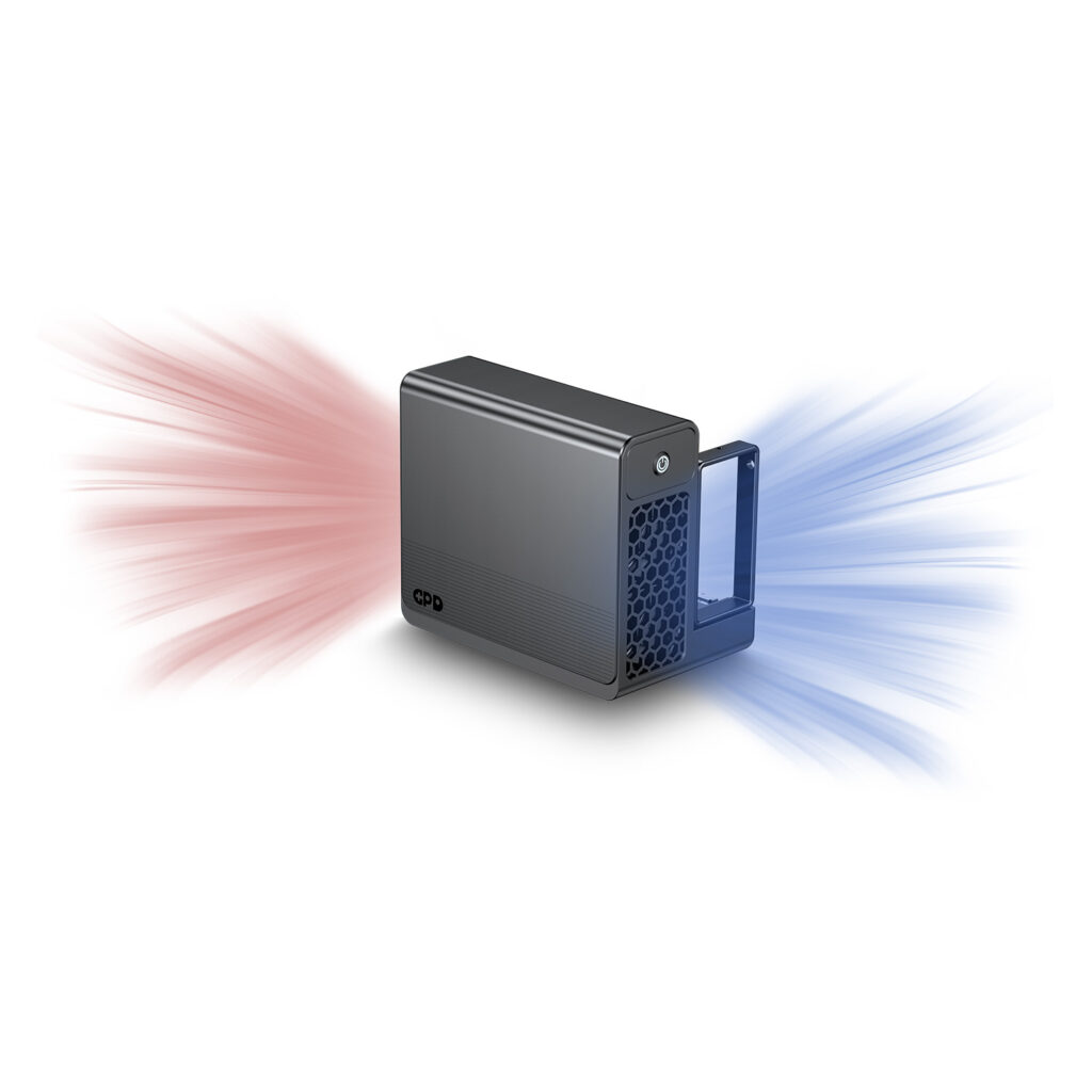 Le boîtier externe pour GPU GPD G2 en Gunmetal, doté d'une représentation visuelle du système de refroidissement actif avec des indicateurs de flux d'air d'admission bleus et d'échappement rouges.