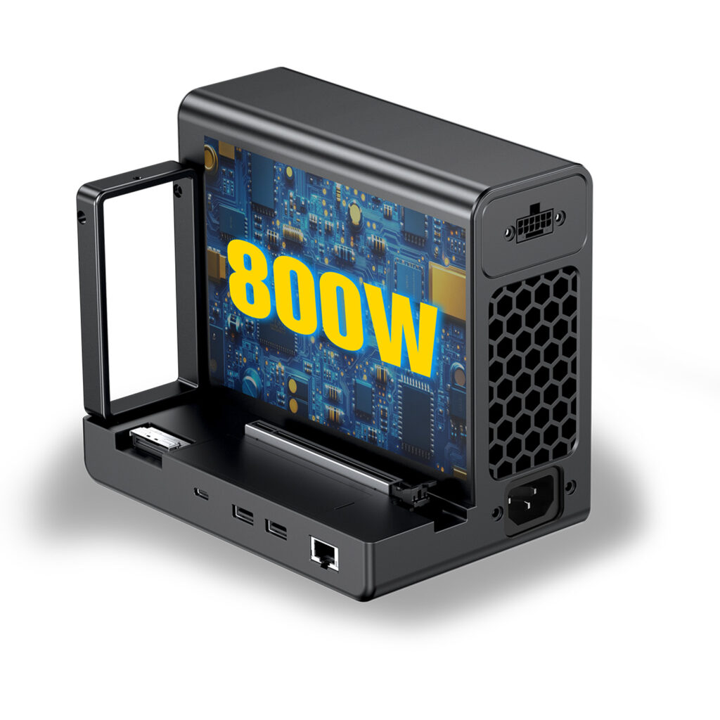 Vue arrière du boîtier GPD G2 eGPU mettant en évidence l'alimentation interne de 800W Gold, l'emplacement PCIe Gen 5 et l'interface du connecteur d'alimentation GPU 12V-2x6.