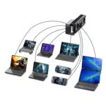 Diagramme de compatibilité du GPD G2 eGPU montrant les connexions à divers PC de jeu portables, ordinateurs portables et appareils à double écran GPD.