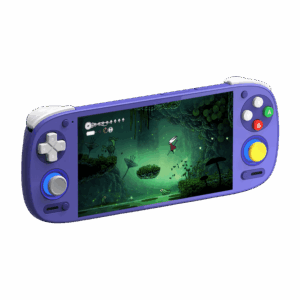 Purple handheld game console with a D‑pad on the left, colorful A/B/X/Y buttons on the right, and a vibrant underwater-adventure game on the screen.