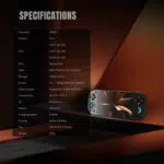 Podrobna tabela specifikacij za Retroid Pocket 5, ki poudarja procesor Snapdragon 865, 8 GB LPDDR4x RAM, 128 GB prostora za shranjevanje UFS 3.1 in specifikacije zaslona 1080p AMOLED