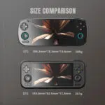 Primerjalna slika prikazuje Retroid Pocket 5 (RP5) v primerjavi z Retroid Pocket 4 (RP4), pri čemer so poudarjeni večji zaslon RP5, ergonomska prenova in 280 g lahka konstrukcija.