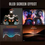 Kolaž z naslovom "OLED SCREEN EFFECT": leva slika prikazuje futurističnega oklepnega robota z oznako High Contrast (Visok kontrast); desna prikazuje dva barvita portreta z oznako High Color Gamut (sRGB). levi spodnji graf z oznako "Low Power Consumption" (Nizka poraba energije); desni spodnji graf z oznako "500 NITS High Brightness" (Visoka svetilnost 500 NIT).