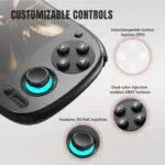 Gaming kontroler s štirimi črnimi gumbi ABXY in svetlečo modro analogno paličico, ki omogoča prilagodljive gumbe za postavitev gumbov po meri.