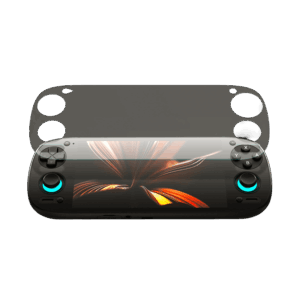 Een productrender in hoge resolutie van de Retroid Pocket 5 gaming handheld op een zwarte achtergrond. Het apparaat heeft een levendig scherm en gloeiende groenblauwe ringen rond de dubbele joysticks. Een semi-transparante screenprotector zweeft boven het apparaat en laat zien hoe de aangepaste uitsparingen perfect zijn uitgelijnd met de D-pad, actieknoppen en joysticks.
