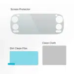 Screen protector product layout showing accompanying Dirt Clean Film and Clean Cloth items labeled on the page