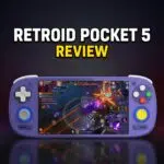 Miniatura prikazuje vijolično ročno napravo Retrooid Pocket 5 z uporabniškim vmesnikom igre na zaslonu in krepkim naslovom 'RETROID POCKET 5 REVIEW' zgoraj
