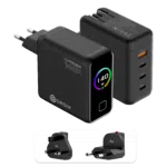 A detailed product graphic showing two views of the black DROIX 140W USB-C Wall Charger and its interchangeable international adapters. The top-left view displays the charger's matte black body with a glossy front screen. The display features a vibrant rainbow-colored circular ring around a "140 W" power indicator. The top-right view highlights the four output ports: three USB-C ports (labeled 40W, 100W, and 140W) and one orange USB-A port (22.5W). At the bottom, two snap-on travel adapters for UK and EU sockets are shown, highlighting the unit’s versatility for global travel.