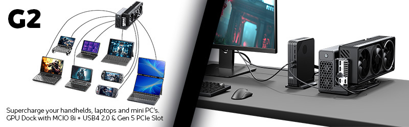 G2 GPU Dock: GPU externa ligada a vários computadores portáteis e dispositivos; a esquerda mostra uma rede de computadores portáteis e de mão, a direita mostra um PC de secretária com a base numa secretária.