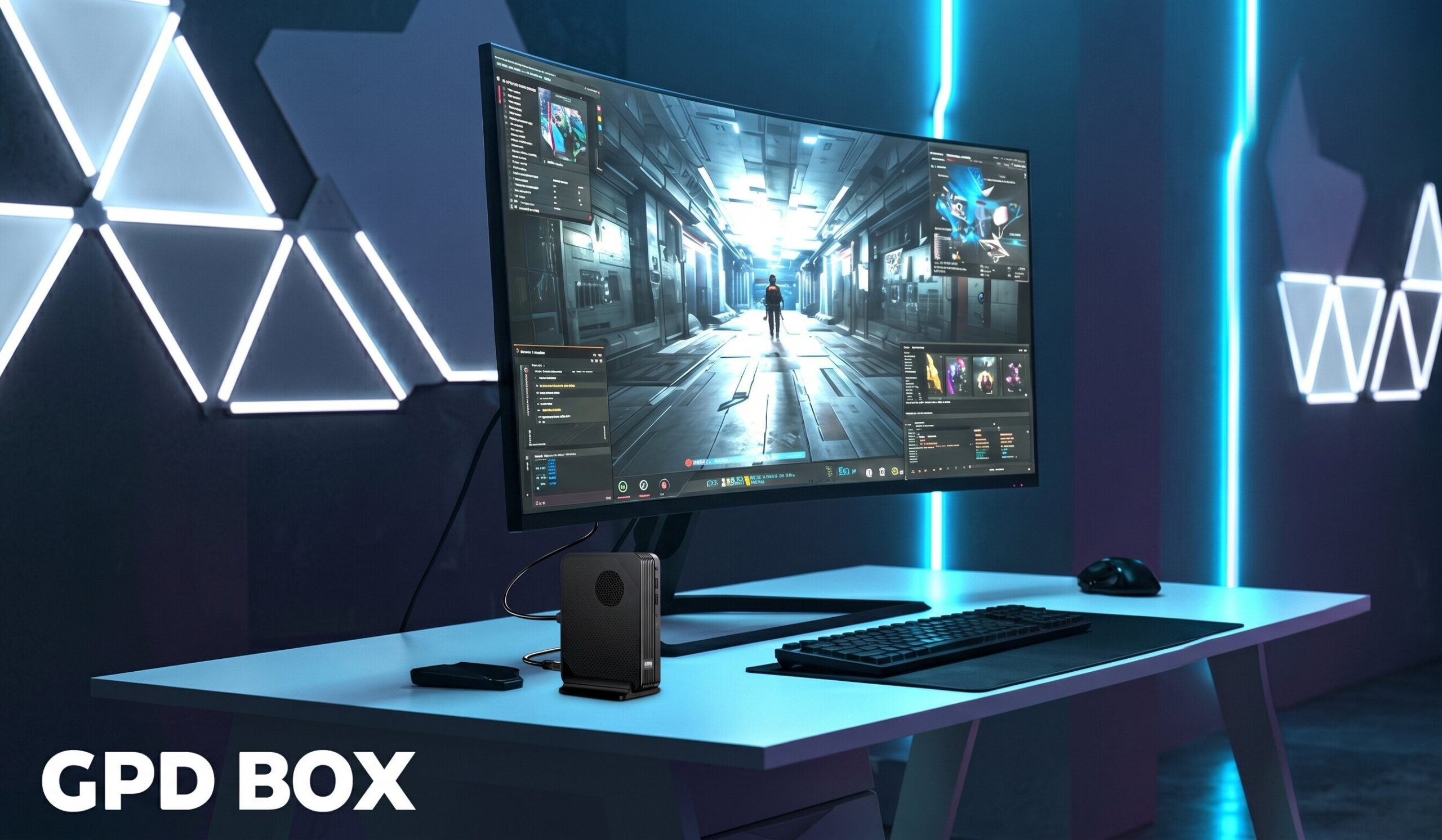 Monitor curvo numa secretária iluminada por néon que mostra uma cena de um jogo de ficção científica numa configuração futurista, com a marca GPD BOX visível na extremidade da secretária