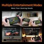 Tumedateemaline mitmepaaniline graafika, mis tutvustab MANGMI AIR X-i meelelahutusrežiime, sealhulgas kohalikke Wi-Fi-multiplayer-võistlusmänge ja AAA-tiitlite voogedastust.