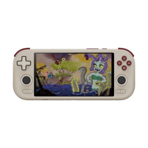 A retro-inspired grey Android handheld gaming console with dark burgundy shoulder buttons and face buttons, displaying a vibrant cartoon boss battle scene on its 6-inch touchscreen display against a solid black background.