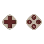 Twee retro-achtige, afgeronde diamanten gamecontroller-modules naast elkaar. De modules hebben een klassieke lichtbeige behuizing met donkerbordeauxrode onderdelen. De linker is voorzien van een bordeauxrode D-pad en de rechter heeft vier bordeauxrode actieknoppen met het label Y, X, B en A in grijze tekst.
