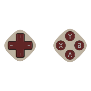 Twee retro-achtige, afgeronde diamanten gamecontroller-modules naast elkaar. De modules hebben een klassieke lichtbeige behuizing met donkerbordeauxrode onderdelen. De linker is voorzien van een bordeauxrode D-pad en de rechter heeft vier bordeauxrode actieknoppen met het label Y, X, B en A in grijze tekst.