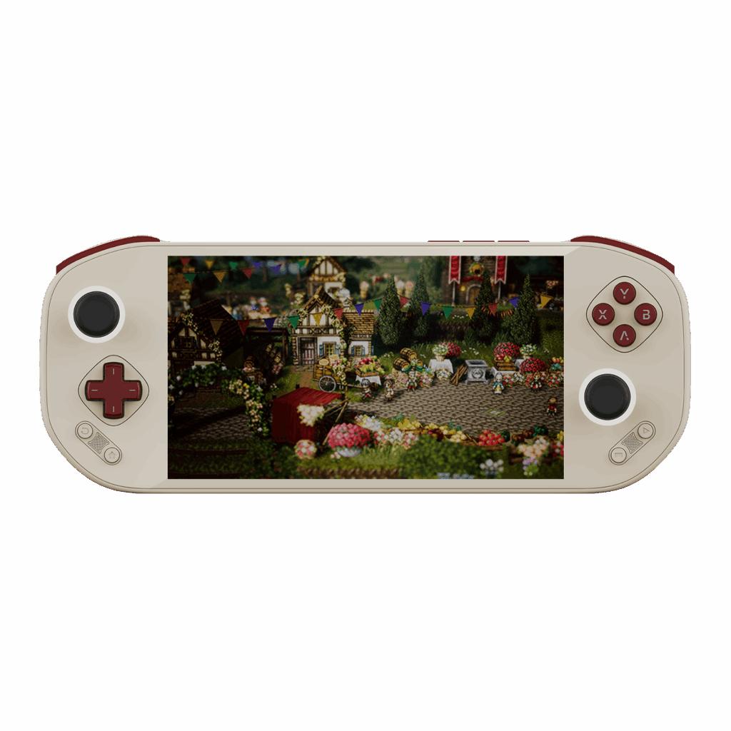 A retro Game Boy-inspired edition of the Mangmi Pocket Max handheld console, featuring a cream-colored body set against a black background. The layout and pixel-art village screen are identical to the black model, but this version features dark maroon accents on the D-pad, face buttons, and top shoulder bumpers. The dual analog sticks are black with white outer rims.