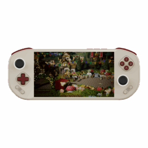 A retro Game Boy-inspired edition of the Mangmi Pocket Max handheld console, featuring a cream-colored body set against a black background. The layout and pixel-art village screen are identical to the black model, but this version features dark maroon accents on the D-pad, face buttons, and top shoulder bumpers. The dual analog sticks are black with white outer rims.