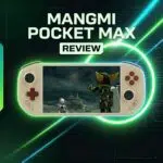 Promotional graphic for a product review of the "MANGMI Pocket MAX" handheld gaming console. The cream-colored device is centered against a dark green, sci-fi background framed by glowing neon green light rings and laser streaks. Large text at the top reads "MANGMI POCKET MAX REVIEW," while the device's screen displays a vibrant 3D action-adventure video game.