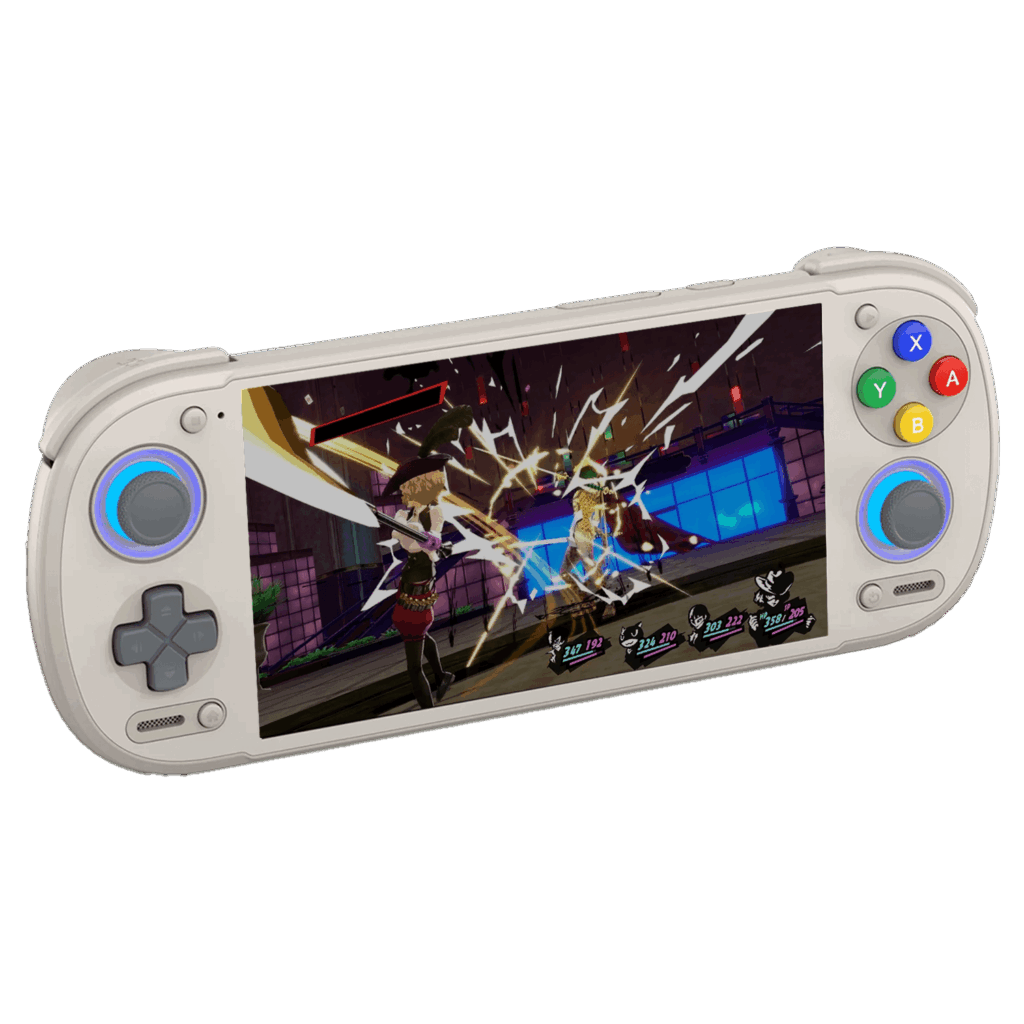 Fotografija ročne igralne konzole Retroid Pocket 6 v retro »16-bitni« sivobeli barvni kombinaciji, posneta pod kotom v studiu in izolirana na črnem ozadju. Naprava ima na levi strani siv D-pad in siv analogni drsnik ter klasično obarvane tipke na sprednji strani (modra X, rdeča A, zelena Y, rumena B) nad desnim analognim drsnikom. Oba analogna drsnika osvetljuje svetleč modri LED obroč na dnu. Široki zaslon prikazuje živahno, akcijsko nabito bojno sceno iz videoigre Persona 5.